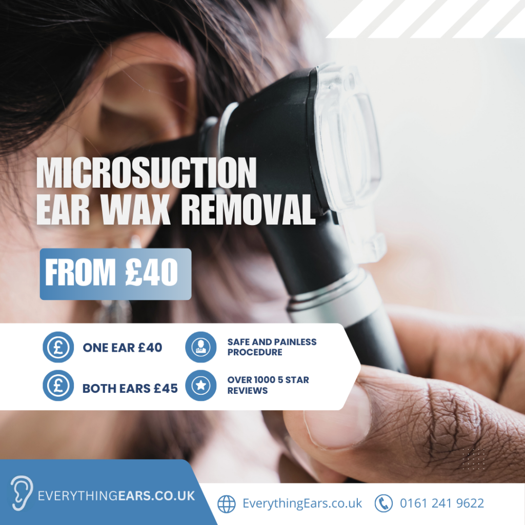 Professional ear wax removal in Stockport at Everything Ears. Safe microsuction for £40 (one ear) or £45 (both). Call 0161 524 9978 to book.