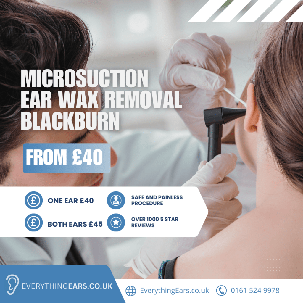 A person receiving microsuction ear wax removal treatment at Everything Ears Blackburn clinic, with the professional performing the procedure.