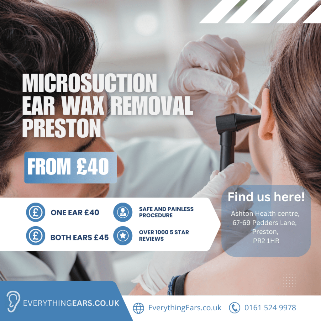 Expert ear wax removal service at Everything Ears Preston, performed by a professional with a client receiving treatment.
